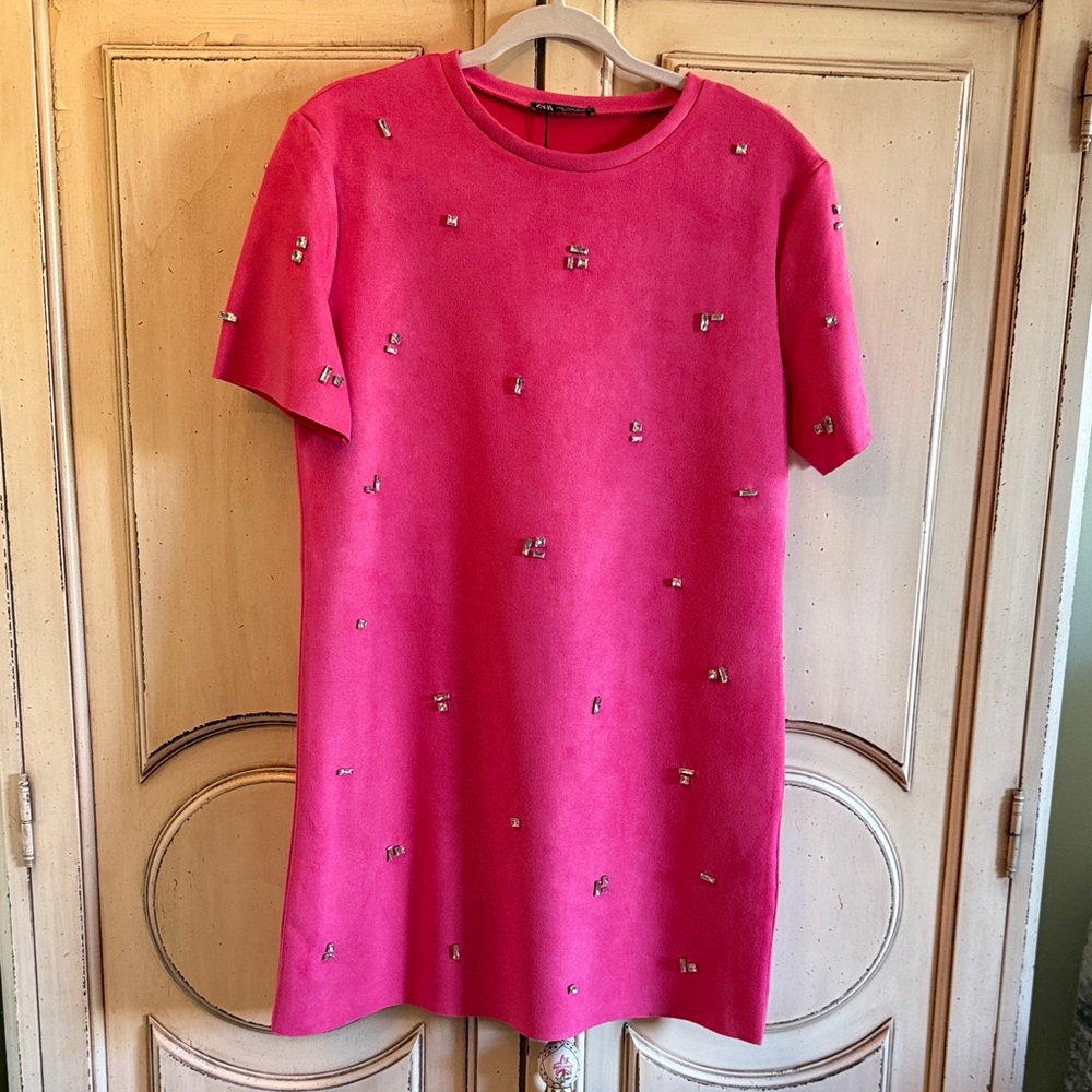 NWT - ZARA Hot Pink Sueded short sleeve embossed Dress